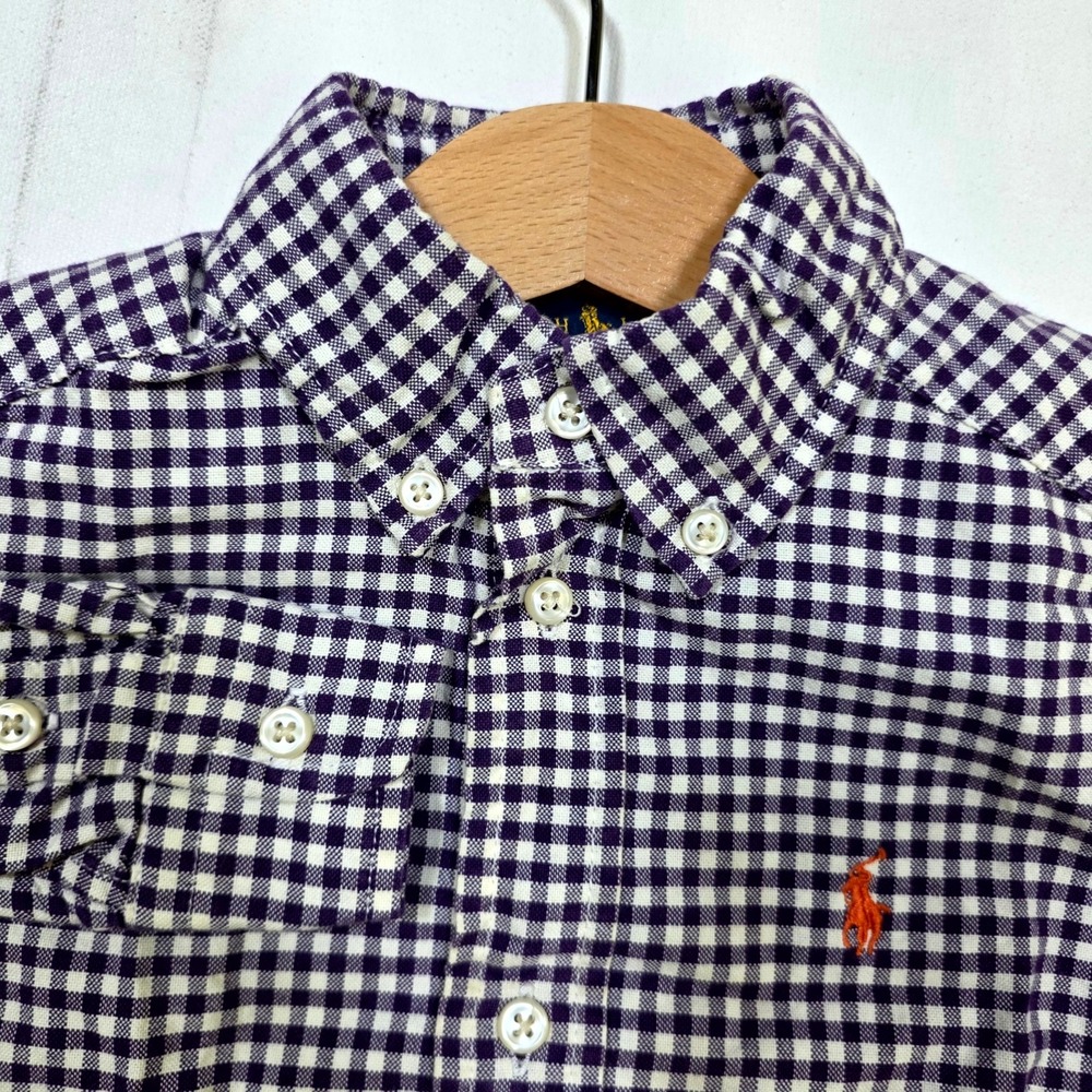 Ralph Lauren Gingham Button Down Shirt 2T Purple White Plaid Long Sleeve Pony